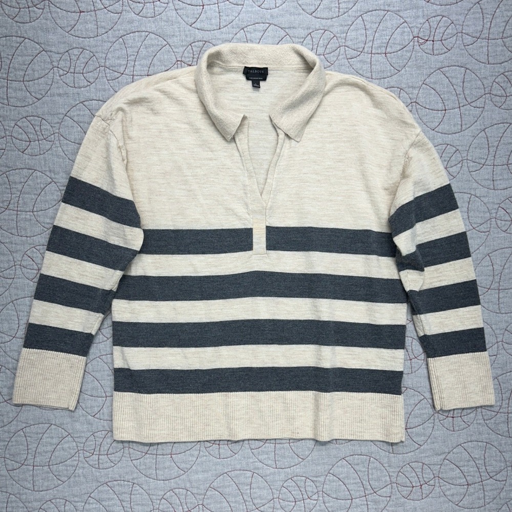 Talbots Pure Merino Wool Striped Johnny Collar Polo Sweater / Women's Large